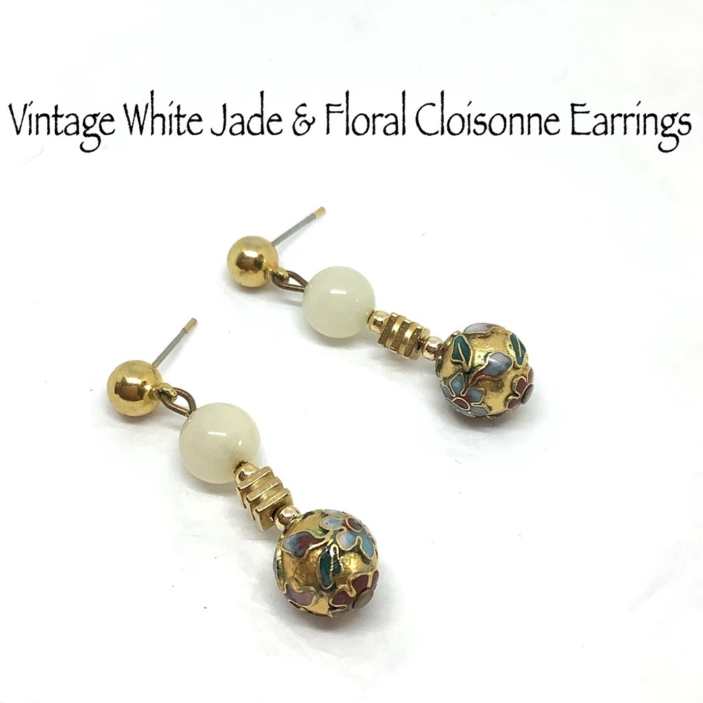 Vintage White Jade & Floral Cloisonne Earrings